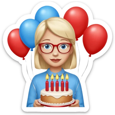 This person with blue eyes and red framed eyeglasses celebrating her 65 1/2 birthday with cake and candles, balloons, gifts sticker