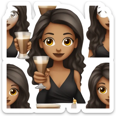 Tan girl with brown eyes and dark brown long hair with lashes holding espresso martini. Wearing makeup and black top sticker