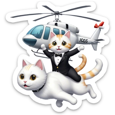 cat jumping out of a helicopter, wearing a tux sticker