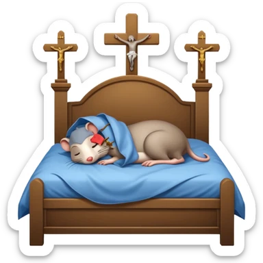 Rat sleeping in bed next to a crucifix  sticker