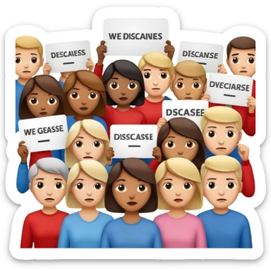 a crowd of people with unhappy faces and holding placards with the inscription: we disagree sticker