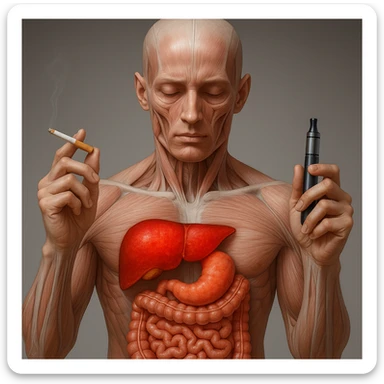 Medical illustration, hyperrealistic 4K, realistic anatomical human body, inflamed liver and intestine highlighted, holding a lit normal cigarette in the right hand and an electronic cigarette in the left hand, clear background, extremely detailed, same lighting and style as the reference image. sticker
