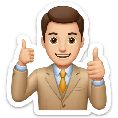 Enthusiastic salesman with phone and thumbs up sticker