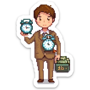 A man with short brown hair holding an alarm clock and money sticker