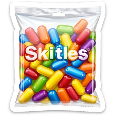 A Skittles candy package completely wrapped in clear packing tape, shiny reflective surface, rainbow colored bag under tape sticker