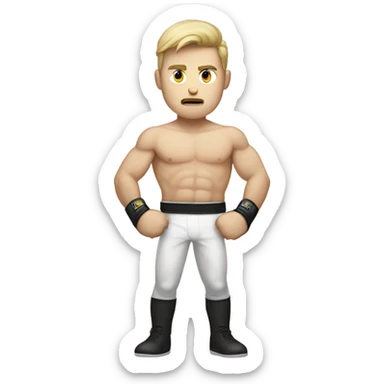 Little white fighter guy in his 20s, throwing punches, and has a serious face sticker