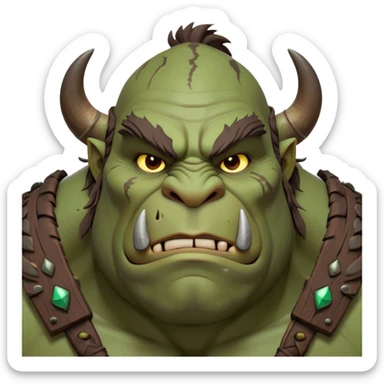 Cinematic Noble Ogre Portrait Emoji, Majestic and imposing, with a rugged, muscular form in deep earthy greens and browns, adorned with battle scars and subtle tribal markings, exuding calm, noble strength and unexpected wisdom, simplified yet strikingly detailed, glowing with a shadowy outline that captures the essence of a gentle giant with fierce heart! sticker