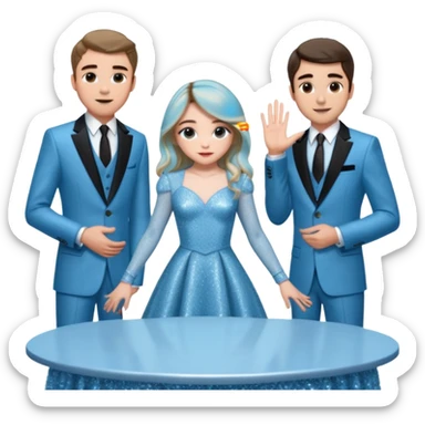 Sabrina carpenter in a light blue sparkly dress at a table with 3 handsome men, and she is standing up reaching over  sticker