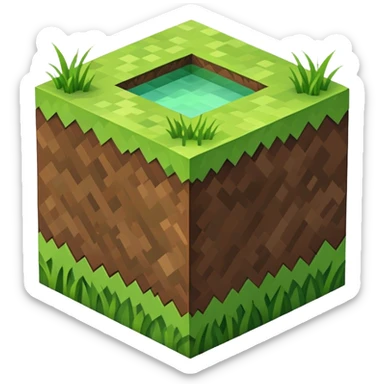 Minecraft grass block, square shape, brown and green, smooth, isometric sticker