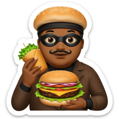 Fat Brown skin burglar with a black eye mask holding a burger sticker