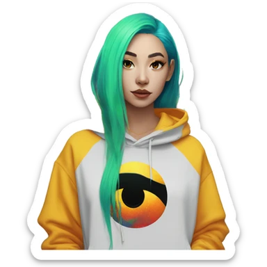 Lady with brunette and iridescent blue hair, gold, lime green dragon wings, black hoodie, bleach dyed, black and gold Nike t shirt, and bright red eyes sticker