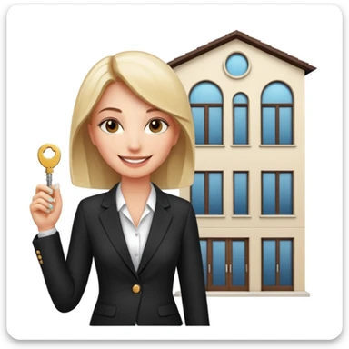 woman in a business suit, smiling, holding keys, Dubai-style modern townhouse in background sticker