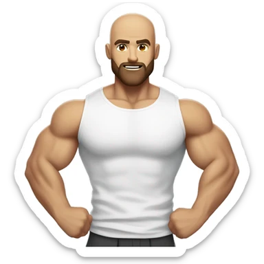 Muscular man flexing, bald, brown beard in a white shirt sticker