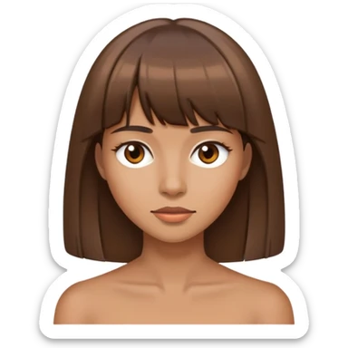 She has a medium tan complexion, straight brown hair that's longer than her shoulders , and she has bangs framing her face. sticker