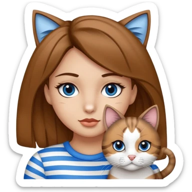 Haz un emoji de una chica con piel clara, ojos marrones, cabello castaño, rizado, cargando a un gato blanco con rayas negras y grises con ojos azules  sticker