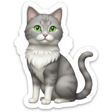 full body view of beautiful female grey cat with green eyes, white toes and white chest sticker