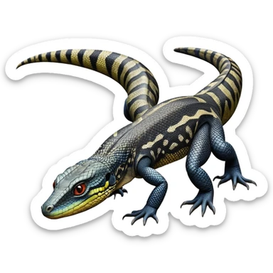 cinematic-monitor-lizard-realistic-full-body-standing on all fours-emoji,-long-powerful-tail-dragging-slightly-behind,-sleek-scaled-body-textured-with-rich-patterns and stripes,-head-tilted-dramatically,-dark-intense-eyes-observing-its-surroundings,-simplified-yet-realistic-focused-features,-highly-detailed,-glowing-with-an-almost-sarcastic-glow sticker