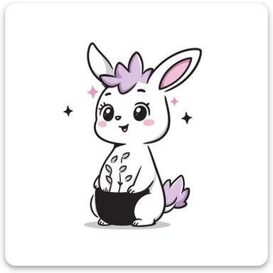 Kawaii bunny plant dragon in Samriel style, tiny spikes, extremely cute, exaggerated proportions, huge sparkly eyes, soft rounded shapes, blushing cheeks, pastel colors with pink and purple tones, delicate linework, small mouth, adorable expression, slightly sketchy lines but clean overall look sticker
