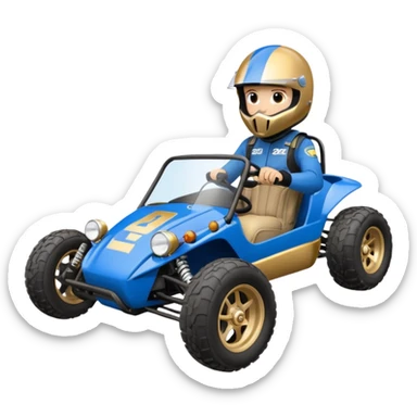 A small blue and gold dune buggy featuring a driver in a motorcycle helmet, with the word "BAJA" displayed on the side panel. sticker
