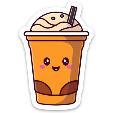 brown milk tea with a happy expression and boba pearls, different cup shape, soft mocha pastel tones, kawaii sticker