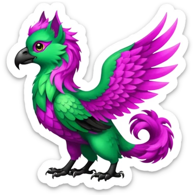 Emerald-green gryphon with a long tufted tail, black beak, magenta swirly pattern markings, black claws, black tail, majestic, realistic, furry (full body) sticker