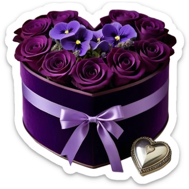 A vintage-inspired heart-shaped velvet box, wrapped with a rich plum silk ribbon, rests beside a delicate arrangement of soft purple roses, lavender sprigs, and dark amethyst pansies. Under the moonlight, tiny silver stars glimmer on the box’s lid, reflecting the romantic glow of an ornate candlestick standing nearby. sticker