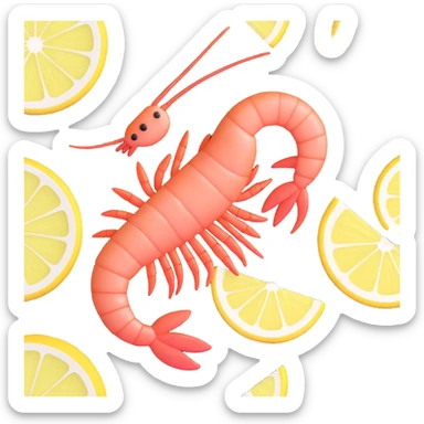 realistic shrimp with lemon slice, 3D emoji style sticker