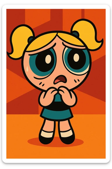 Powerpuff Girls character with a worried emotion, cartoon style, vibrant colors sticker