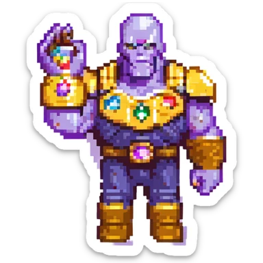 Thanos, pixel art style, simplified details, blocky shapes, Infinity Gauntlet with colored gems, retro video game look sticker