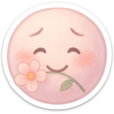 pretty pink emoji face with a flower held gently in its mouth, sweet and bashful expression, soft pastel colors sticker