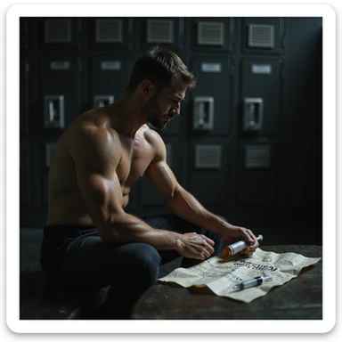 young muscular man in gym locker room sitting on bench preparing to inject unknown substance from unlabeled vial, crumpled 'protocollo' paper, syringe and alcohol wipes visible, gritty hyperrealistic 4K details, shadowy lighting, sense of secrecy sticker