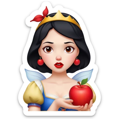 Cinematic Funny Snow White Portrait Emoji, Holding an apple with a suspicious expression, one eyebrow raised, lips pursed as if questioning her life choices, a hilariously relatable fairy tale moment! sticker