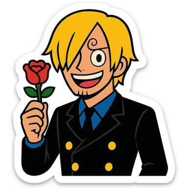 cartoon style Sanji from One Piece, curly eyebrow, blond hair, black suit, smiling, holding a rose sticker
