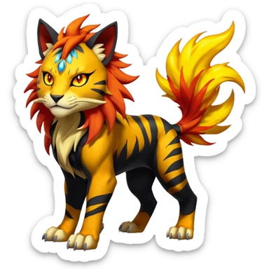 Volcanic Fiery Shiny Legendary Epic Badass Evil Colorful exotic dark-colored, vibrant, golden, burning, badass, cool, realistic Pyroar-Sprigatito-Torracat-Luxray-Tigress-Solgaleo-Liger-Hybrid-Fakémon-Pokémon-Hybrid-Creature (full body) sticker