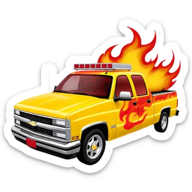 Yellow 1997 Chevrolet C-2500 Crew Cab with dramatic airbrushed red flame artwork flowing from front to sides, detailed flame design exactly like Kill Bill's Pussy Wagon, 30-degree view, iOS emoji style sticker