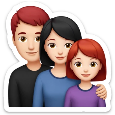a family of three, all three white: the mother with short red hair, the father with black hair, and the daughter with black hair girl sticker