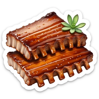 cinematic-realistic-barbeque-ribs-dish-emoji,-depicted-as-succulent,-slow-cooked-ribs-with-a-sticky-smoky-glaze-rendered-with-rich-textures-and-dynamic,-appetizing-lighting. baby back spare ribs sticker