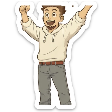 1 male, mid fade haircut dark chestnut brown curly hair, toasted lightskin, white hoodie sleeves up, gray fashion jeans, red fashion-sneakers shoes, red belt, short trimmed beard and goatee,  style of deku from "my hero academia",  "happy!" pose sticker