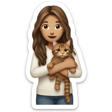 Long brown-haired girl holding long haired tabby cat sticker