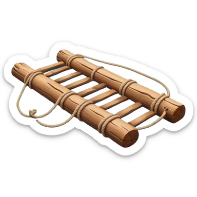 showing a simple wooden raft floating on calm blue water — made of several brown logs tied together with rope — gentle ripples around it — bright, cheerful lighting and soft shadows — minimalist, clean emoji design sticker