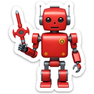 A red robot with 2 bomb weapon on his arms, he has a blocky body and a round red head sticker