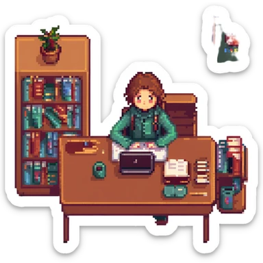 a student sitting at a desk with a laptop and books, learning online, pixel art style sticker