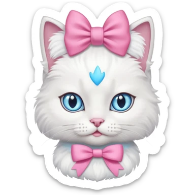 White fluffy princess cat with blue eyes and a pink bow sticker