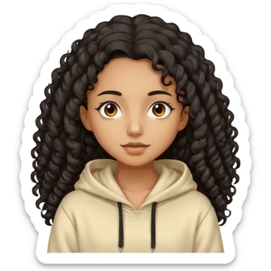 Tan skin girl with black very long curly hair, brown eyes, vanilla colored hoodie sticker