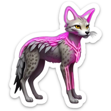 Coyote ocelot standing with grey and black fur and phoenix wings on back and pink ears half skeleton, neon lights sticker