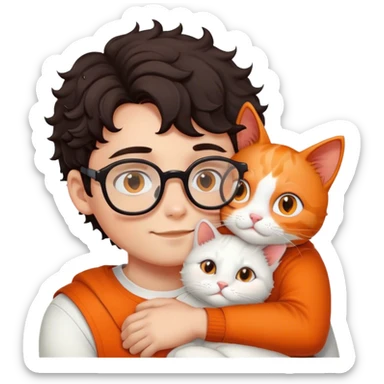 Boy with curl dark hair and glasses hugs white and orange cat sticker