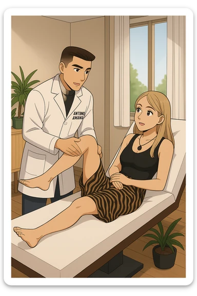 fai un webtoon/manga a colori con questo kinesiologo in camice bianco (fagli la scritta "ANTONIO ANANIA" SUL CAMICE) CHE SVOLGE UN TEST NEUROMUSCOLARE SOLLEVANDO UNA GAMBA ALLA RAGAZZA CHE è STESA SU UN LETTINO BIANCO. STANZA SEMPLICE E MODERNA, DURANTE IL TEST I DUE DIALOGANO TRA LORO. NON FARE I FUMETTI, FAI SOLO LORO COME SE DIALOGASSERO sticker