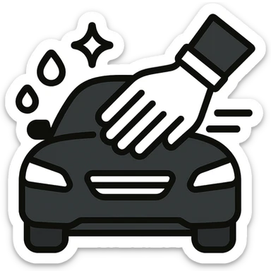 elegant hand with white or black glove on the hood of a high-end car, water drops or shine, main color black with silver or white details, smooth motion lines suggesting cleaning, modern and clean icon sticker