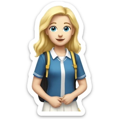 blue eyed, blonde hair white young girl wearing a private school uniform and a yellow backpack  sticker