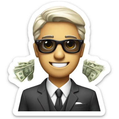 una persona de traje y lentes de sol sosteniendo billetes en sus manos serio sticker